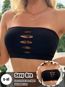 黑色镂空前抹胸文胸，无肩带抹胸上衣，女士无肩带吊带背心 - 黑色 - 查看 1