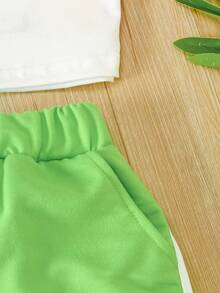 Conjunto de 3 piezas para niñas preadolescentes: Camiseta de tirantes con estampado de letras Brooklyn en verde neón + Parte superior con superposición de malla + Pantalones cortos, Conjunto de moda de verano para exteriores, Adecuado para exteriores, Regalo de verano - verde menta - Ver 8