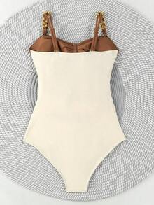 Official Women's Colorblock Hollow-Out One-Piece Swimsuit - màu nâu - Xem 5