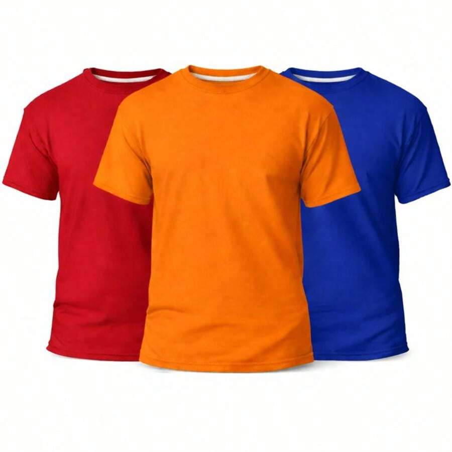 Set Of 3 Men's Basic Plain T-Shirts, 100% Cotton, 30.1 Mm - 紅/橙/寶藍 - 查看 1