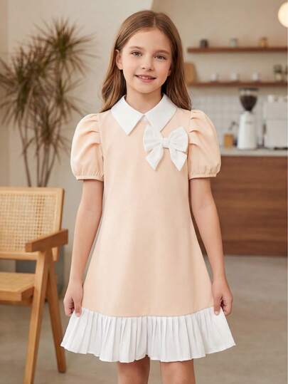 8-12 Years Old Girls' Apricot & White Contrast Color Dress, Collared Puff Sleeve, Bow Decor, Pleated Hem, Waist Cinched Slim Fit, Breathable Fabric, Sweet Academic Style, Versatile Everyday & Outing Dress, Gentle Teenage Vibe, New Summer Collection