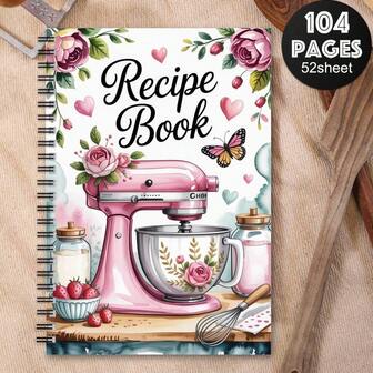 1 pieza Libro de recetas con diseño floral vintage y cubierta con batidora rosa - Organizador de recetas y diario con espiral, tamaño compacto adecuado para hornear y cocinar, regalo lindo para chef de cocina, incluye patrón con forma de corazón y guía de conversión de medidas - Páginas de planificación duraderas para preparación de comidas