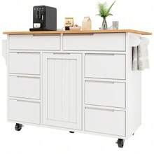 Meuble îlot de cuisine modulable blanc – Avec chariot roulant, plateau de travail et rangement pratique (tiroirs et étagère à épices) - Blanc + MDF-1 - Voir 9