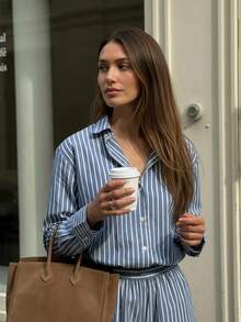 Women's Spring/Autumn New Striped Long Sleeve Shirt + Shorts Set, Business Casual 2-Piece Outfit, Striped Elegant Front Button Casual Suit For Vacation, Office, Daily, Airport, Spring/Autumn - Blue - View 4