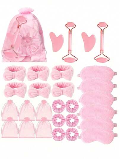 5-delat presentset för spa-pyntefest – Innehåller 1 sömnmask, 1 pannband, 1 ansiktsmassageapparat, 1 massagepinne, 1 hårspänne och 1 nätpåse. Perfekt för möhippa, babyshower, födelsedagar, alla hjärtans dag, bröllop, afternoon tea-bjudningar, årsdagar och andra fester.