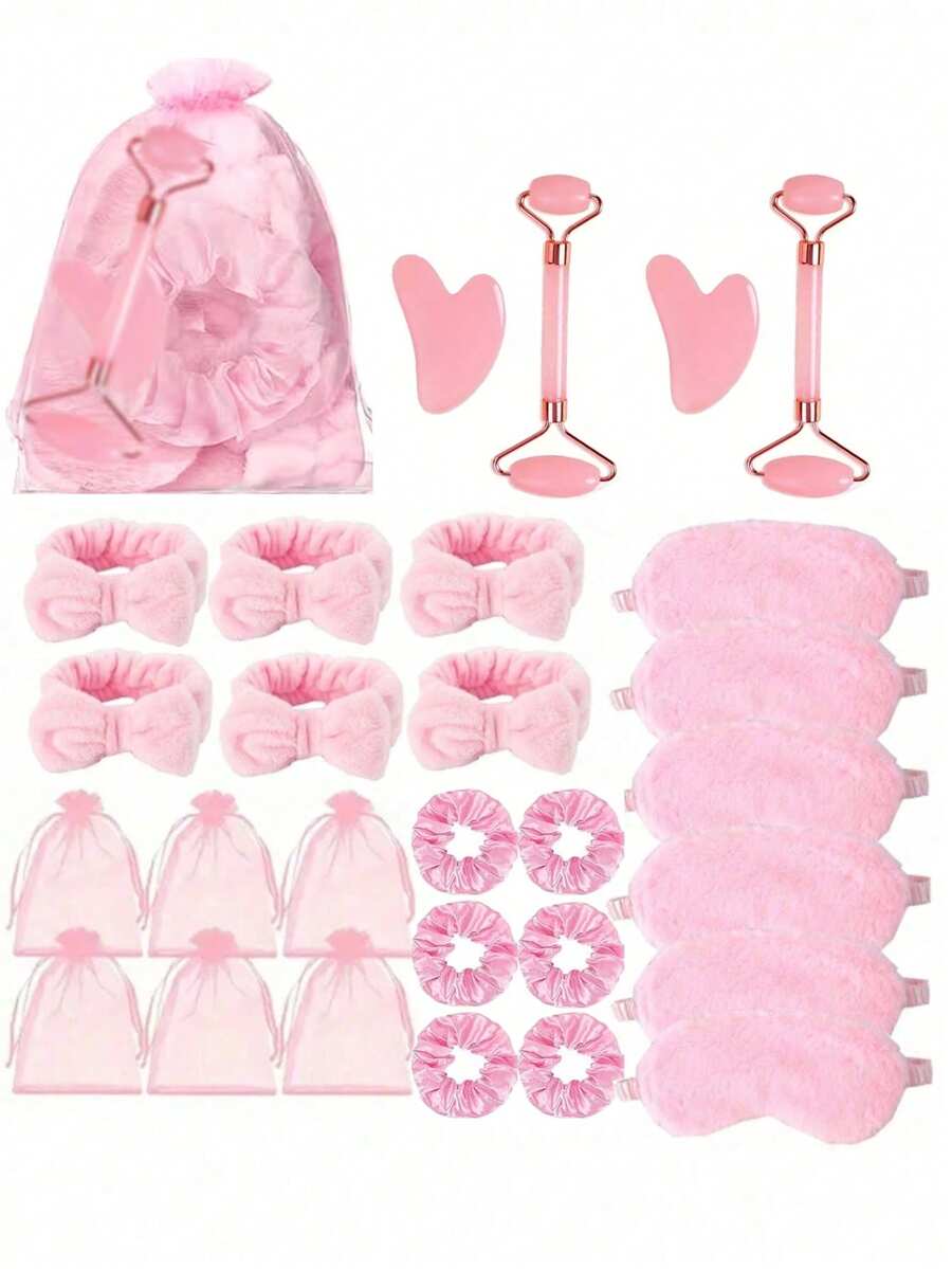 5-Piece SPA Sleepover Party Gift Set - Includes 1 Sleep Mask, 1 Headband, 1 Face Massager, 1 Massage Stick, 1 Scrunchie, And 1 Mesh Bag. Ideal For Bachelorette Parties, Baby Showers, Birthdays, Valentine's Day, Weddings, Afternoon Tea Parties, Anniversaries, And Other Celebrations. - Multicolor - View 1