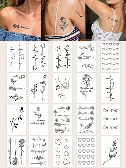STARTTOOS 20张大号组合半永久纹身贴纸，图案包括简约线条、浪漫心电图、玫瑰、牵手、心形和个性化小图案。适用于手指、耳后、肩膀、脖子、锁骨等部位，可用于DIY，也可用于狂欢节、情人节、派对等场合，或作为身体装饰礼物。纹身逼真、防水、不褪色、不反光，可持续1-2周。