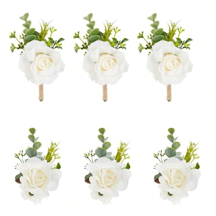 Meldel White Ivory Rose Wrist Corsage Boutonniere For Men Wedding Wrist Flower Corsage Hand Flower For Bride Bridesmaid Prom Decor Paty ,3Boutonnieres&3WristCorsagesWhite - 3枚胸花及3顆腕花 白色 - 查看 1