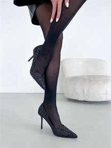 1双女士亮面丝袜。轻薄性感透明过膝长筒袜。适合夏季约会、派对、夜店等场合。 - 黑色 - 查看 7