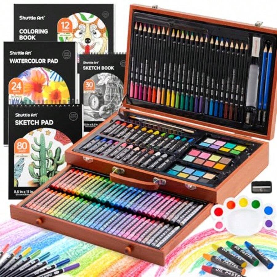 149 Piece Deluxe Art Set In Wooden Case For Adults Painting Drawing Supplies With Crayons Colored Pencils Oil Pastels Watercolor Cakes Coloring Book Sketch Pad Multicolor Creative Art Kit - 卡其色 - 查看 1