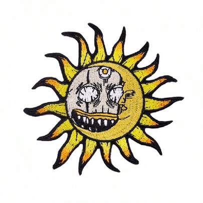 1pc Yellow Punk Skull Embroidered Patch, DIY Sun Embroidered Patch With Adhesive, Suitable For Denim Jackets And More