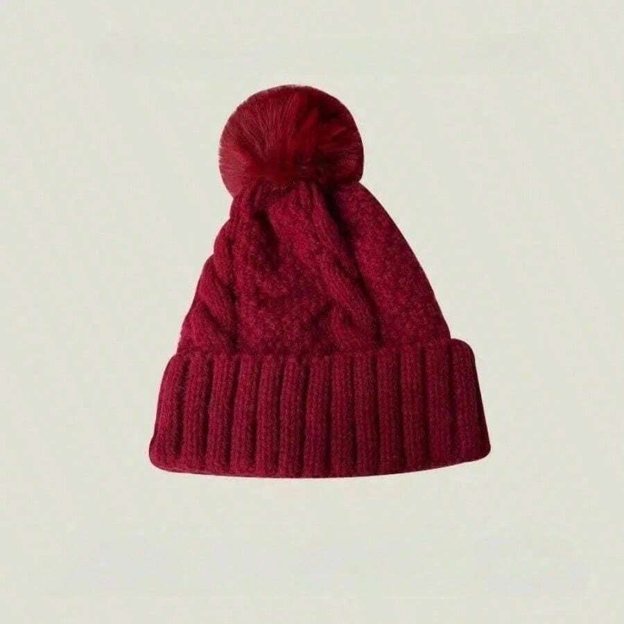 Warm Fur Pompom Thick Plush Cap Beanies Solid Ladies Versatile Ski Snow Skullies Beanies Velvet Hat Winter Twist Knitting Hats - Đỏ - Xem 1