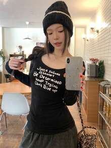 Letter Print U-Neck Fitted Long Sleeve T-Shirt, Stylish Top For Women, New Arrival Early Autumn Casual Black Spring - Black - View 2