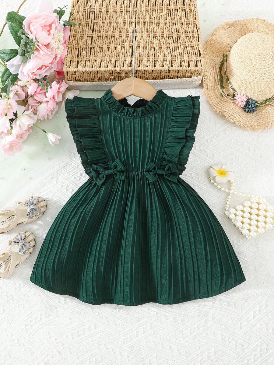 Đầm bé gái mùa hè kiểu dáng thường ngày dễ thương màu trơn họa tiết sóng và nơ. - Màu xanh lá cây đậm - Xem 1