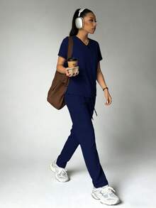 手术服套装，短袖上衣和长裤 - 藏蓝色 - 查看 1