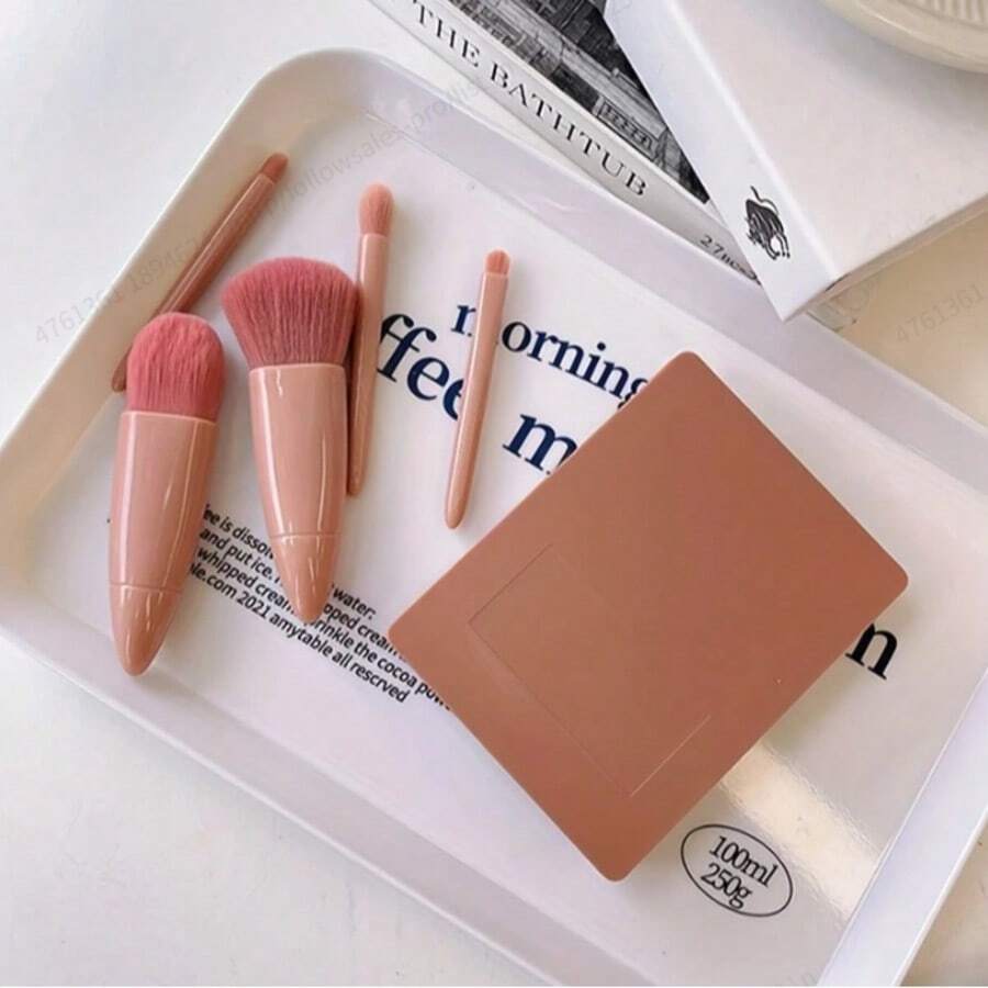 5pcs Mini Travel Makeup Brush Set - Pink Makeup Brushes With Mirror Cosmetic Bag, Foundation Brush, Eyeshadow Brush, Blush Brush, Lip Brush - Pink-1Pc - View 1