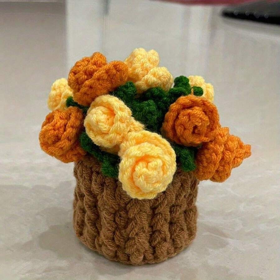 1Pcs Hand-Crocheted Rose Bouquet Coaster, Rose Bouquet Coaster With Flower Basket, Thermal Insulation Mat, Tabletop Ornaments, Holiday Gifts, Unique Creativity For Home Decoration - 橙玫瑰 - 查看 1