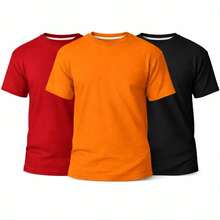 Set Of 3 Men's Basic Plain T-Shirts, 100% Cotton, 30.1 Mm - 紅/橘/黑 - 查看 1