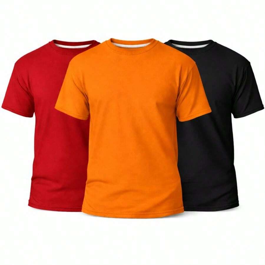 Set Of 3 Men's Basic Plain T-Shirts, 100% Cotton, 30.1 Mm - 紅/橘/黑 - 查看 1