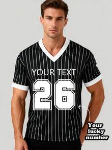 Customized Men's Striped T-Shirt With Lucky Number And Letter Graphic On Front - Black - View 3