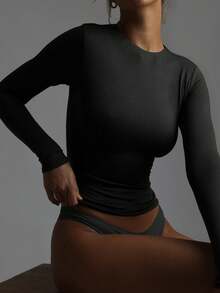 XLLAIS Casual Solid Color Long Sleeve Round Neck T-Shirt, Versatile For Spring & Autumn - Dark Grey - View 4