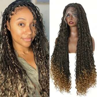 Parrucca intrecciata sintetica a trecce lunghe e ondulate, con extension per trecce a crochet, con baby hair, colore sfumato marrone-borgogna-nero, capelli colorati per trecce intrecciate, fasce per capelli, extension per uso quotidiano, feste, cosplay e regali di Capodanno