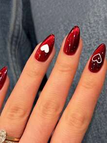 24 pezzi di unghie a forma di mandorla per San Valentino, con colore bianco brillante e rosso vino, effetto occhio di gatto scintillante, design a stampa a cuore dolce, con copertura completa di lucentezza, unghie acriliche riutilizzabili, adatte come regalo per signore, feste, balli e decorazione unghie quotidiana - Rosso - Visualizzare 7