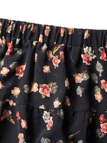 EARO 女士雪纺印花褶裥A字半身裙，高腰宽松显瘦优雅度假休闲装，春秋季黑色 - 黑色 - 查看 4