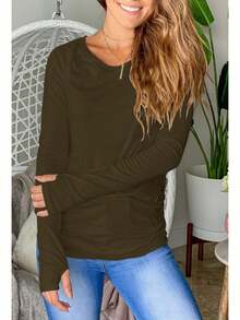 Women's Thumb Hole T-Shirt Long Sleeve Crew Neck Plain Shirts Casual Ruched Tee Tops - xanh quân đội - Xem 2