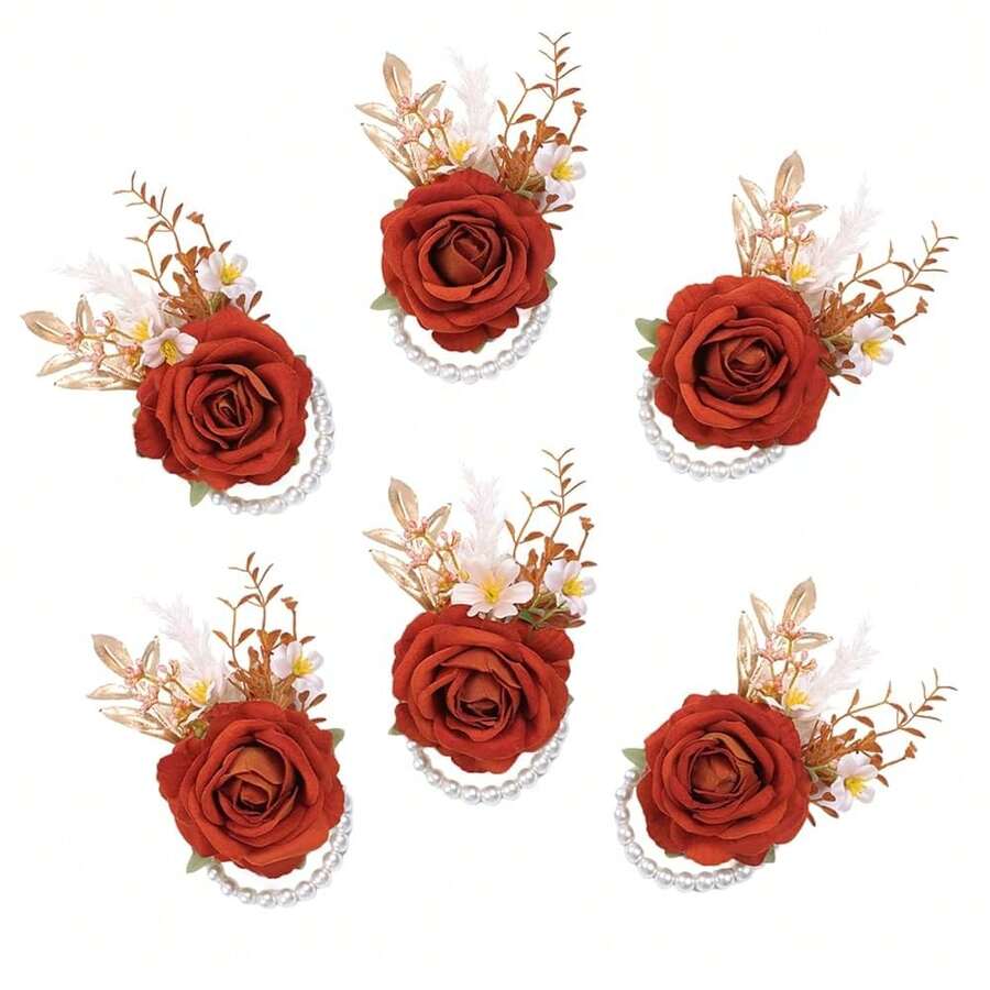 Meldel Orange Velvet Rose Wrist Corsage, Set Of 6, Wedding Bridal Flower Corsage Hand Decor For Prom Party Homecoming, Wristband Flowers Bride, Bridesmaid, ,6pcsOrangeWristCorsages - 6顆橘色腕花 - 查看 1