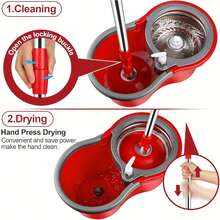 Rotating Mop And Bucket System With Integrated Dehydration Function, Featuring An Adjustable Handle And A 6.1-Inch Cleaning Bucket; Includes Three Microfiber Mop Heads And Enables 360° Rotation For Efficient Floor Cleaning - Red - View 2