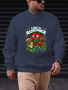 Men's Casual Crew Neck Sweatshirt With Pattern - Navy Blue - View 1