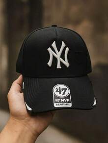 Men's Ripped New York Destroyed NY Baseball Cap With Curved Brim, Unisex Style. - Black and White - View 2