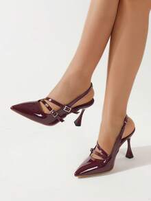 Women's Fashionable Wine Red Patent Leather High Heel Sandals With Double Buckle, Sexy Pointed Toe With Ankle Strap - Claret. - View 1