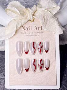 10 pièces d'autocollants pour ongles en acrylique faits à la main, ongles courts, faux ongles, set de nail art, manucure française, ongles mignons, ongles Y2K, ongles du Nouvel An, ongles en amande, ongles blancs, ongles rouges, ongles rouge rose, ongles dorés, ongles blancs brillants effet œil de chat, fleur œil de chat rouge peinte à la main, style simple et élégant, convient aux femmes et aux filles pour les activités quotidiennes et les déplacements, outils à ongles inclus. - Rouge - Voir 4