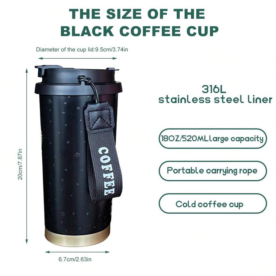 Starbucck Black Coffee Stainless Steel Cup, With A Capacity Of 18oz (Approximately 520 Ml), Has A Heat Retention Time Of Over 24 H. It Can Keep Both Hot And Cold Beverages Warm. It Can Be Used For Making Coffee And Iced Beverages And Is Suitable For Various Occasions Valentine's Day. - màu đen - Xem 1