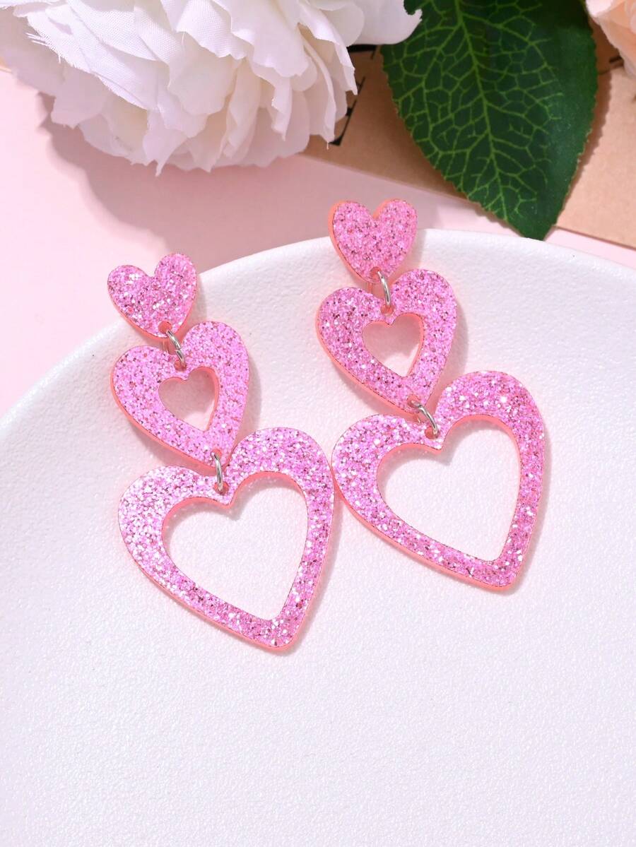 1 Pair Romantic Sweet Double-Layer Heart Earrings, Fashion Party Earrings Suitable For Women's Daily, Dating, Gathering, Great Gift - Multicolor - View 1
