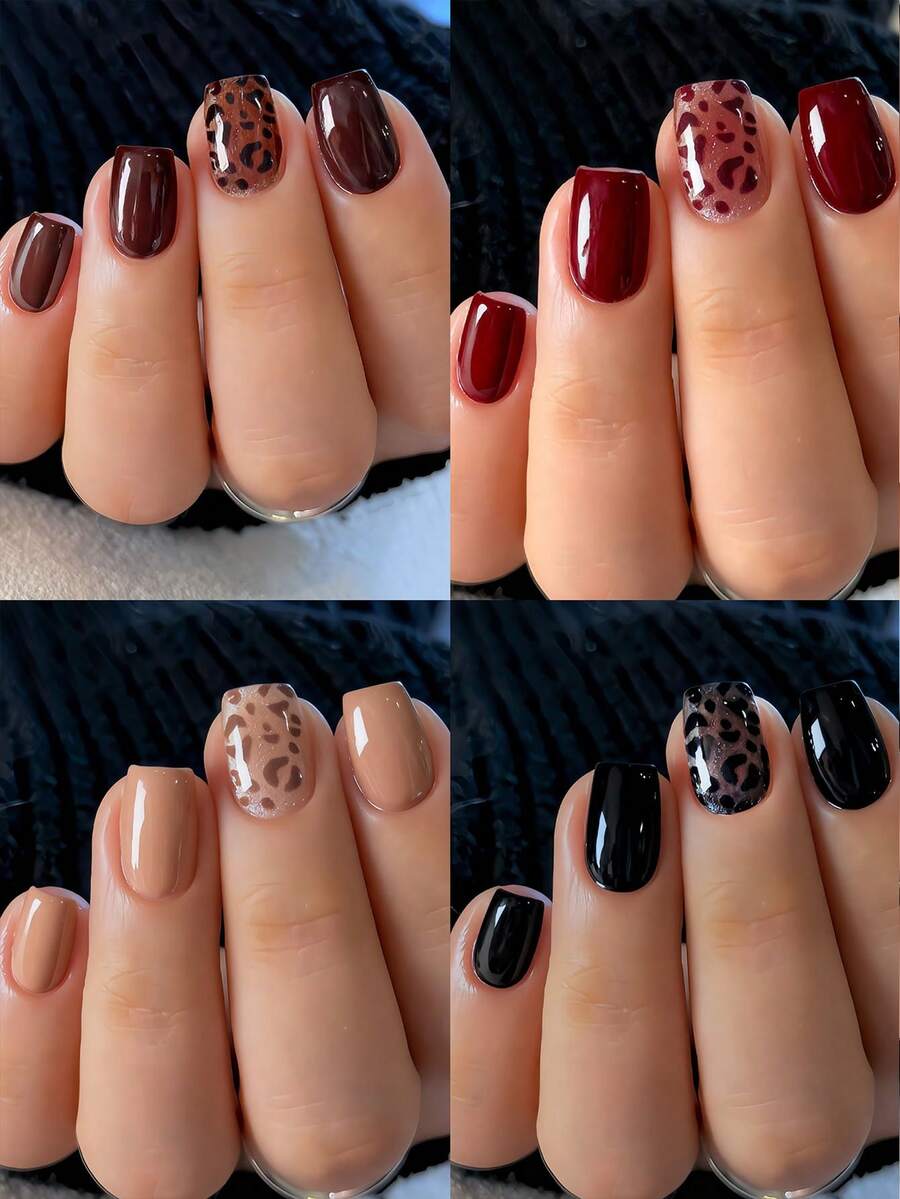 96 unhas postiças acrílicas curtas e quadradas, clássicas e versáteis, com glitter dourado brilhante, nas cores preto obsidiana, dourado elegante, marrom e estampa de leopardo vermelha. Cobertura total, 12 tamanhos disponíveis. Ideais para uso diário no outono/inverno, perfeitas para manicures de salão e como presente. - Multicolorido - Ver 1