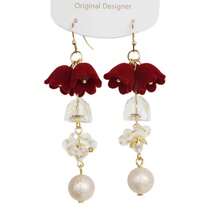 Boucles d'oreilles perle en forme de cloche de muguet, convient aux femmes en automne/hiver - Rouge foncé - Voir 5