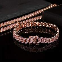 Hip Hop  Cuban Chain - 925 Silver Single Row Moissanite Necklace Bracelet, For Cool Style Rappers And Street Party - Rose-G - 查看 12