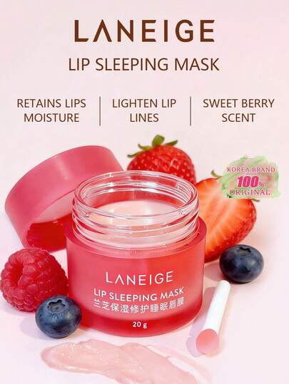 Laneige 20克浆果唇部睡眠面膜，密集修护，深层补水，淡化唇纹，改善干燥起皮的唇部。富含维生素C和抗氧化剂，提亮唇色。锁住水分和营养，防止夜间干燥。粉色凝胶质地，水润不黏腻，散发甜美浆果香气 | 韩国化妆品，礼盒装，20克/0.70盎司。