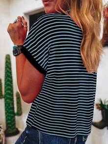 Acelitt Striped Contrast Color Shoulder Short Sleeve Knit Casual Round Neck T-Shirt, Summer - Blue - View 2