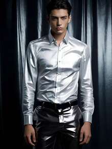 Men's Outdoor Fashion Silver Long Sleeve Shirt, Spring New Arrival Bar Nightclub Casual Collared Shirt Top - Silver - View 3