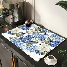 1 pieza Estera absorbente con estampado floral azul para cafetera, platos - Estera protectora absorbente de poliéster para encimera de cocina con respaldo de goma antideslizante, para decoración de cocina, bar en casa y mesa de comedor - Multicolor - Ver 4