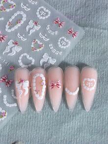 2张5D立体浮雕可爱美甲贴纸，白色奶油蛋糕蝴蝶结水果美甲贴，草莓樱桃苹果图案，可爱自粘DIY美甲贴纸，适合女性/女孩生日节日主题美甲 - 彩色 - 查看 8