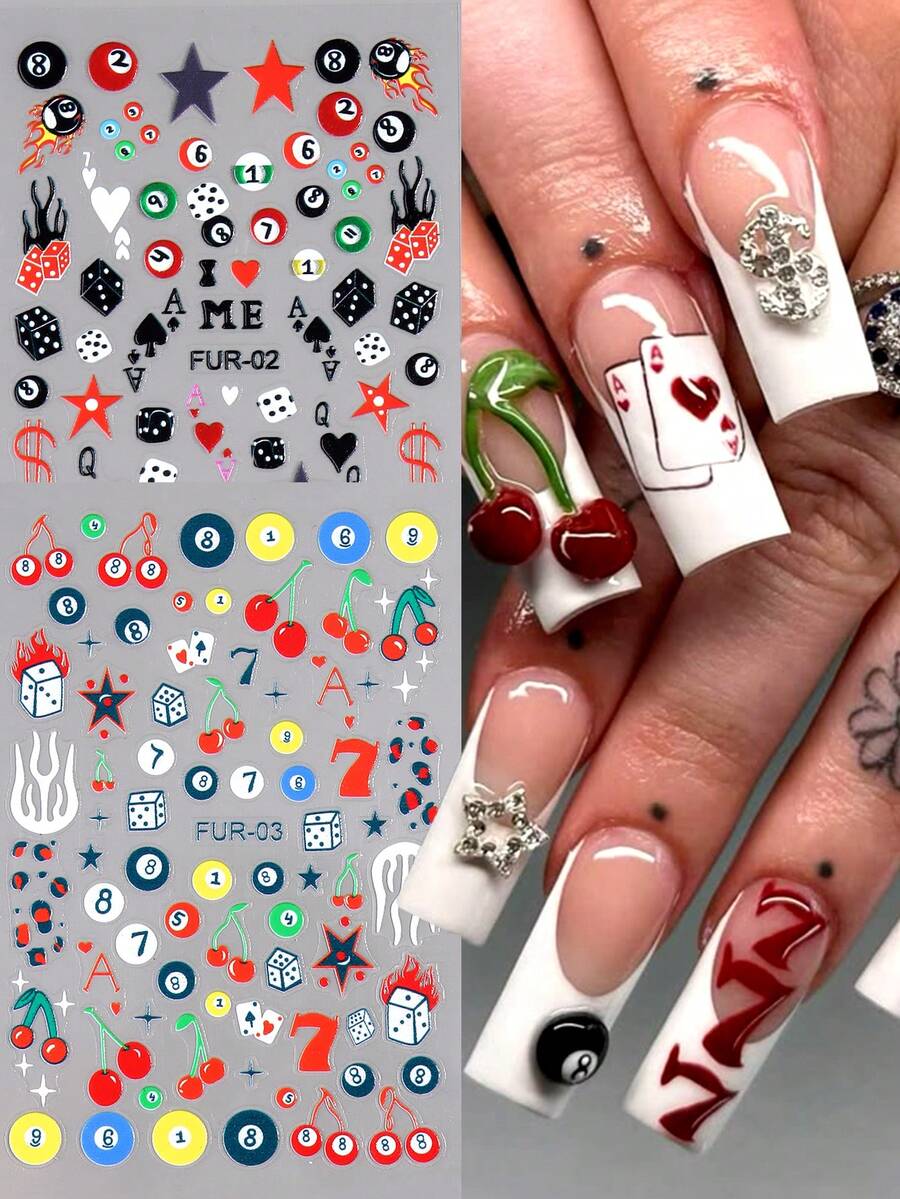 2pcs Y2K Style 3D Nail Stickers - Self-Adhesive Cartoon Cherry, Leopard, Star, Billiard Ball And Playing Card Patterns, Suitable For DIY Nails, Glossy Effect, Disposable, Embroidered Texture, Rectangular, Fun Creative Design, DIY Manicure - Multicolor - View 1