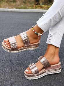 Sandal đế xuồng cao gót màu vàng hồng họa tiết da cá sấu dành cho nữ, quai đôi, khóa kim loại, đế dày, thích hợp cho mùa hè, đi nghỉ mát, đi biển. - Rượu sâm banh - Xem 3