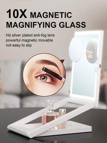 LED Lighted Makeup Mirror, 3-Color Lighting, Dimmable, 10X Magnification, Foldable Tabletop Vanity Mirror, Adjustable Angle - White - View 4