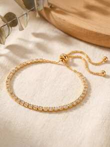 1pc Luxury Elegant Gold Square Crystal Adjustable Bracelet For Women, Suitable For Daily, Date, Vacation, Wedding, Holiday Wear, Birthday Gift, Mother's Day, Valentine's Day - Gold - View 1