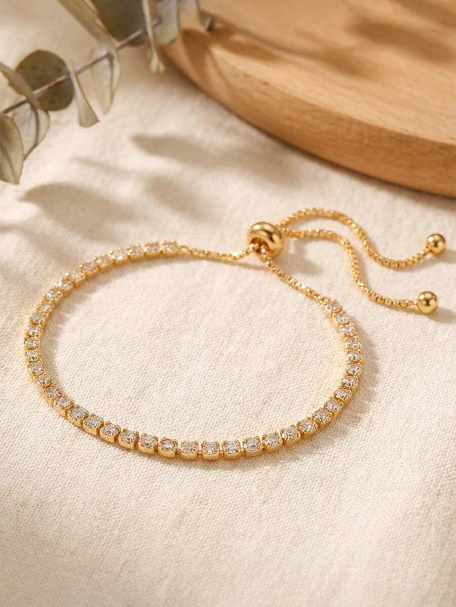 1pc Luxury Elegant Gold Square Crystal Adjustable Bracelet For Women, Suitable For Daily, Date, Vacation, Wedding, Holiday Wear, Birthday Gift, Mother's Day, Valentine's Day - Gold - View 1